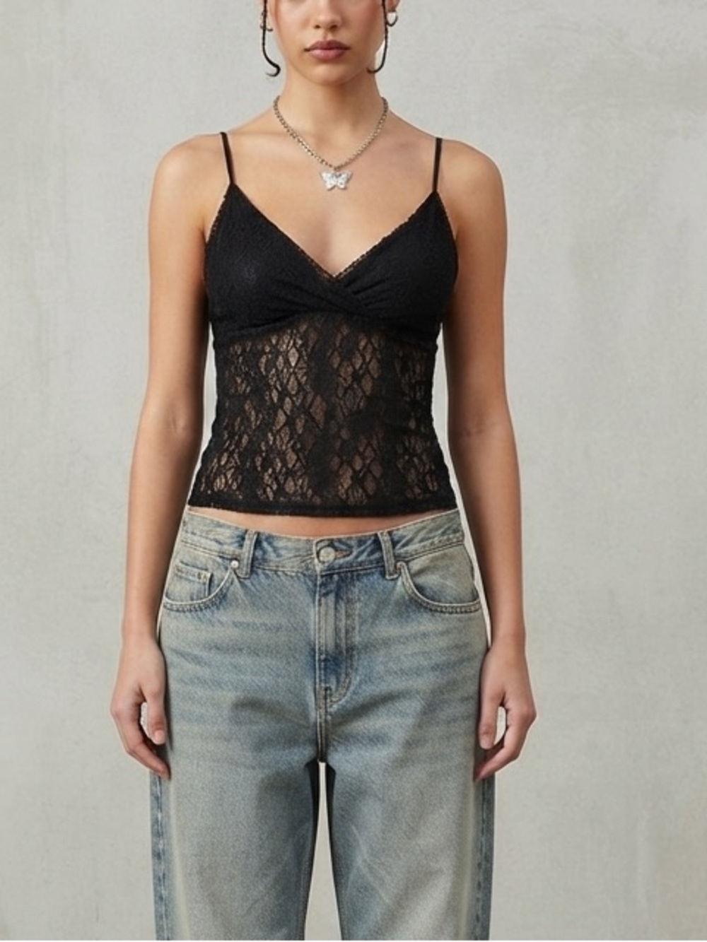Y2K NWT IVRY DAY Delicate Sheer Black Lace Cami Tank Top Size Large